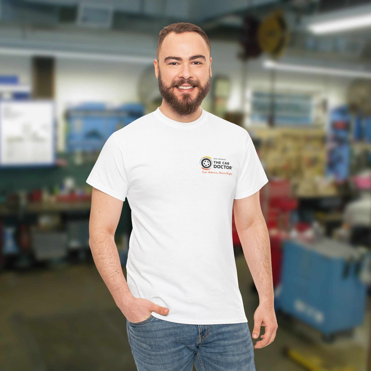 Ron Ananian The Car Doctor™ - Unisex Heavy Cotton T-shirt (LOGO ON FRONT & BACK)
